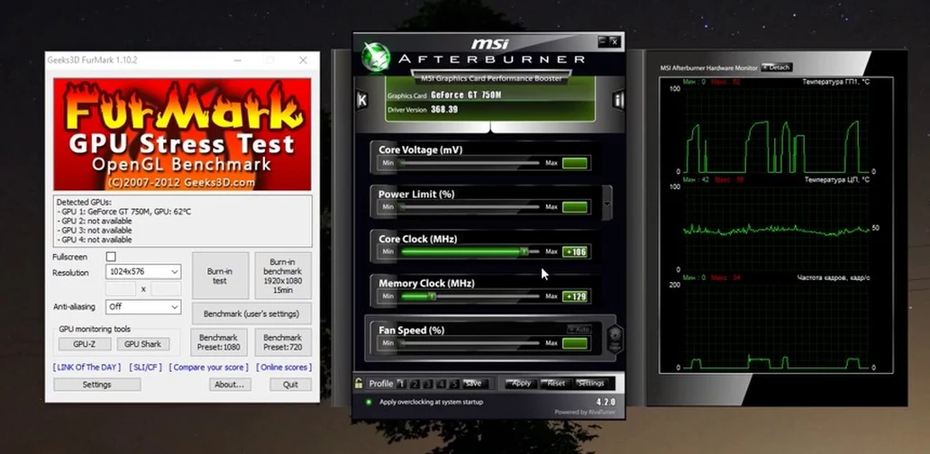 Настройка Core Clock и Memory Clock для игр в MSI Afterburner