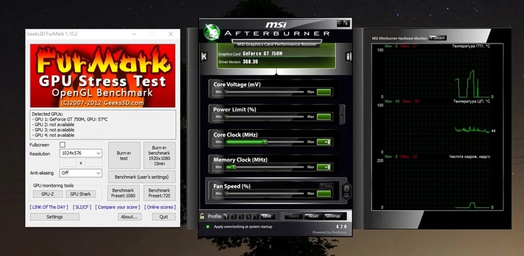 FurMark и MSI Afterburner на штатных настройках видеокарты