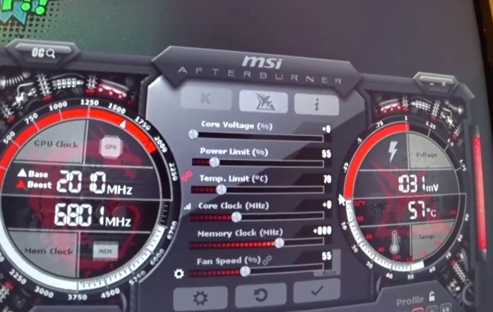 Пример настройки Power Limit Memory Clock и вентилятора в MSI Afterburner