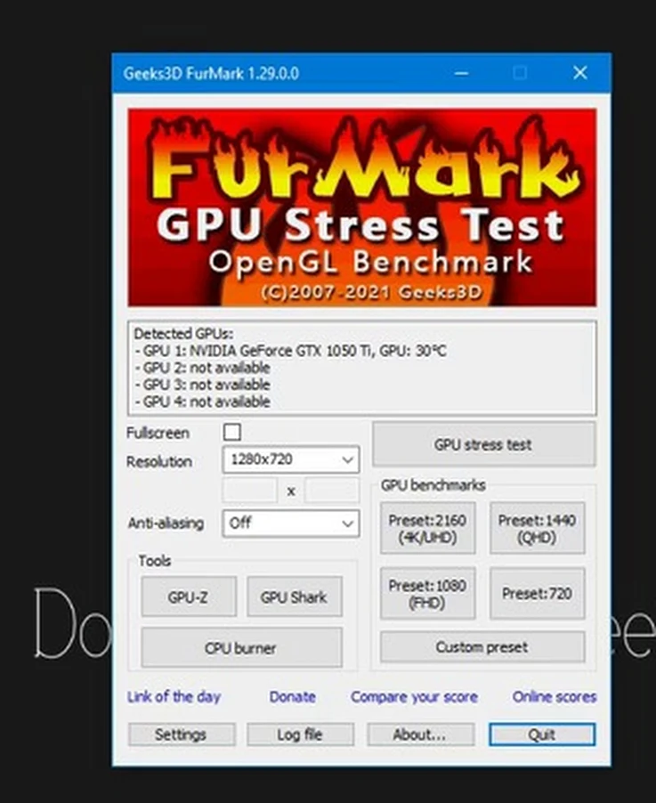 Главное окно FurMark для проверки видеокарты после разгона