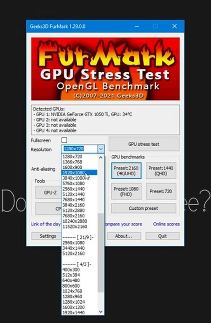 Выбор разрешения теста FurMark для проверки разгона GPU